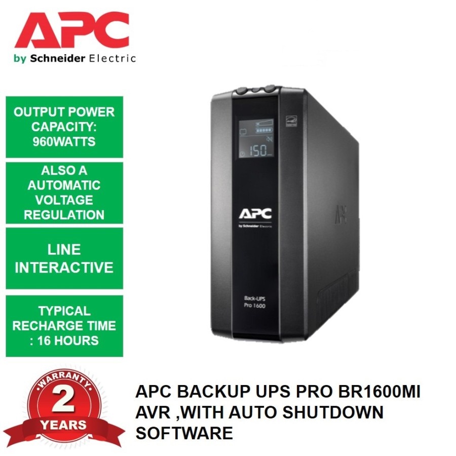 UPS (เครื่องสำรองไฟฟ้า) APC (BR1600MI) Back-UPS Pro 1600VA,960W 8 Outlets, AVR, LCD Interface