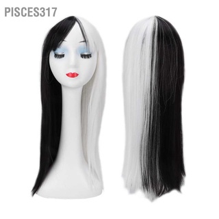 Pisces317 Women Long Straight Wig Black White Fashionable Natural Look Synthetic for Cosplay Halloween Parties