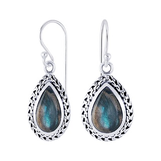 SILVER THAI Labradorite teardrop earrings silver oxidized dangleต่างหูลาบราโดไรท์หยดน้ำห้อยระย้าเงินแท้925ของจริงสวย