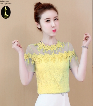 เสื้อลูกไม้สีเหลือง ผ้าลูกไม้เนื้อนิ่มมากๆๆ ยืดหยุ่นได้ดีค่ะ