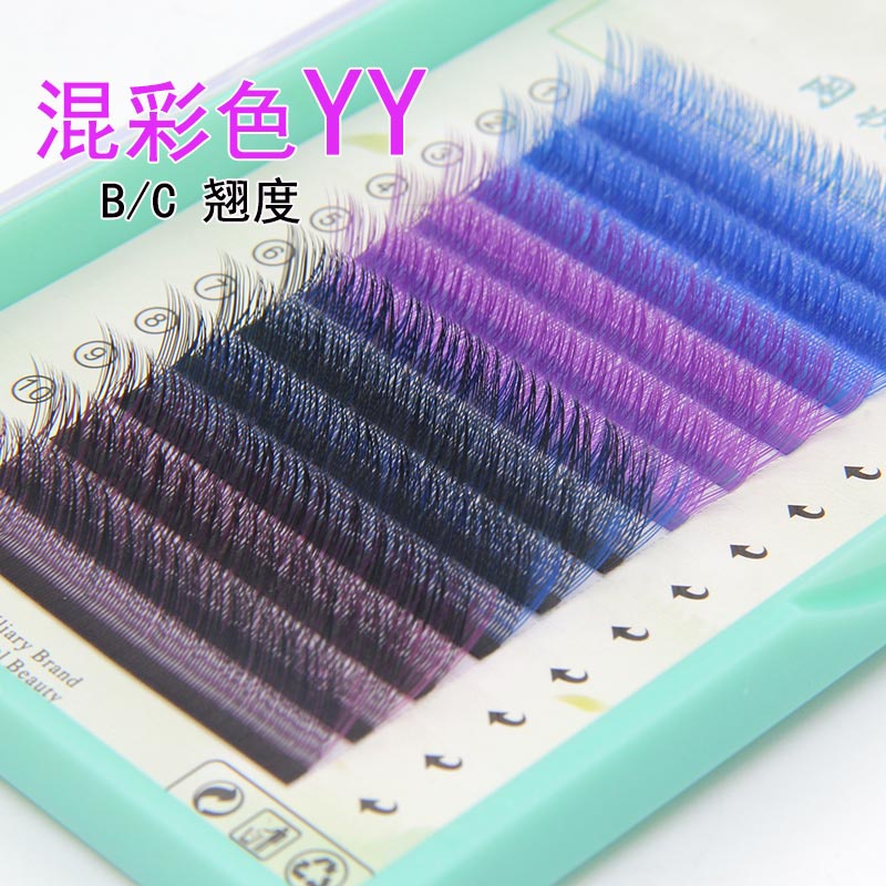 0.07 ผสมสี YY Grafted Eyelashes สีฟ้าสีม่วง Soft Mink Hair y-Shaped Love สุทธิดอกถักขนตาสวยปลูกขนตา