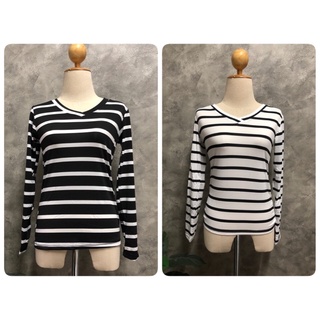เสื้อยืดแขนยาวคอวีลายขวาง