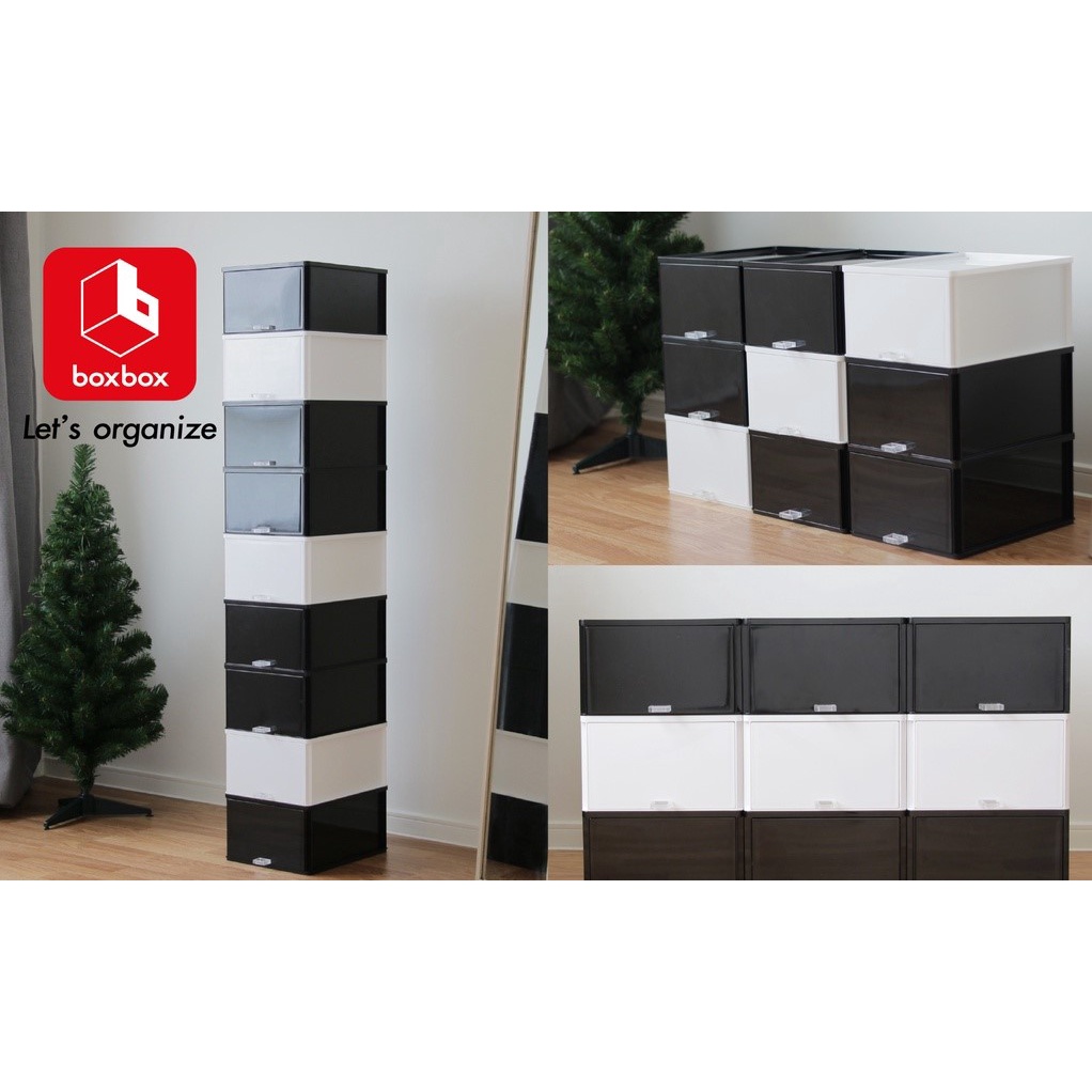 boxbox กล่องรองเท้าพลาสติกแบบลิ้นชัก สีดำ/สีขาว 9988S3 9955S3(แพค 3 ใบ