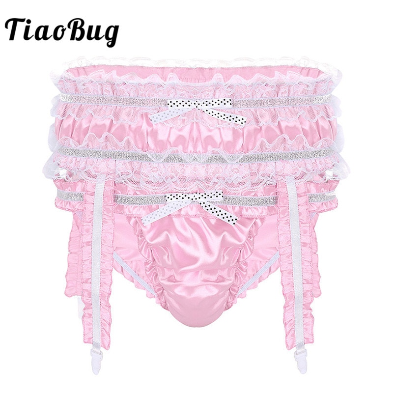 Tiaobug Men Soft Shiny Satin Sissy Panties Lingerie Ruffle Frilly Low Rise Stretchy Briefs With 9561