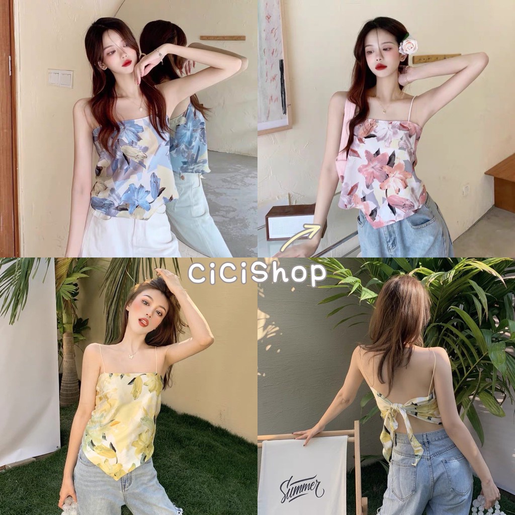 cicishop Cicishop(6063)สายเดี่ยวทรงสามเหลี่ยม ผูกด้านหลัง ผ้าชีฟองหนาแน่นพิมพ์ลาย ใส่ได้ทั้งสองด้านเ