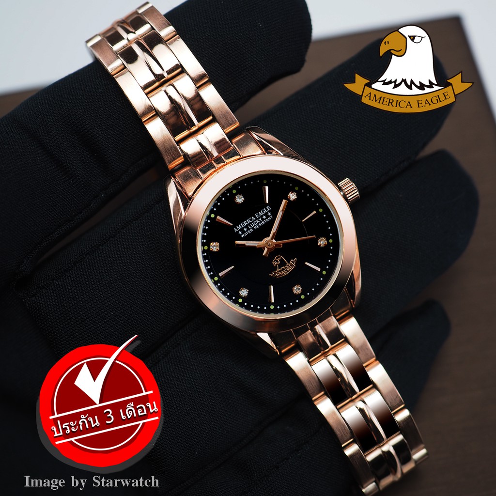 AMERICA EAGLE นาฬิกาข้อมือผู้หญิง สายสแตนเลส รุ่น AE8009L – PINKGOLD/BLACK