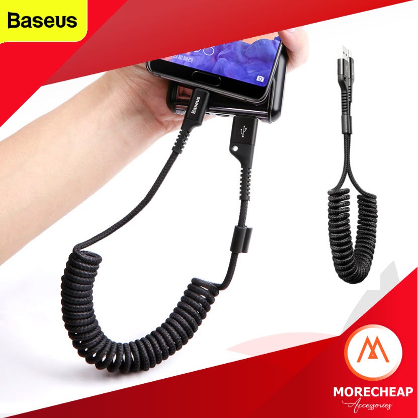 ถูก/แท้ Baseus สายชาร์จในรถสำหรับไอโฟน และ TypeC ถักแบบขด ยืดได้ 1 เมตร สายชาร์จ LN / TypeC Retractable
