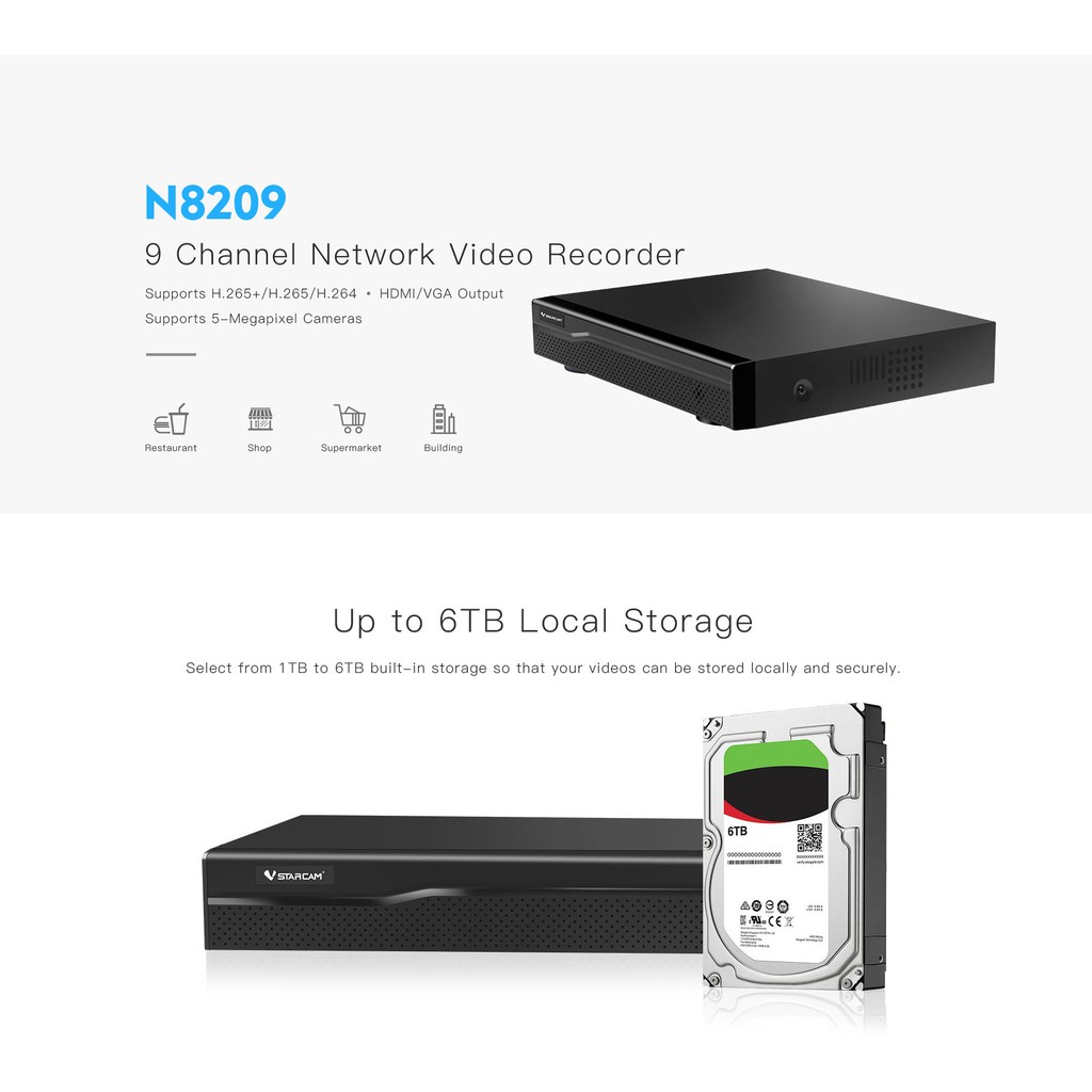 VSTARCAM NVR N8209 Onvif เครื่องบันทึกสำหรับกล้องวงจรปิด 9 ช่อง รองรับฮาร์ดดิสก์ 6TB