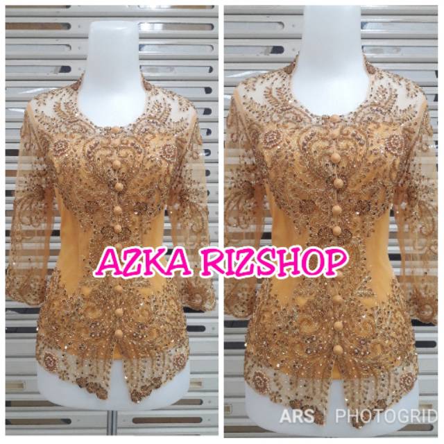 GRADUATION KEBAYA TOP MODERN PARTY KEBAYA 7/8 SLEEVE KEBAYA คอปก Sundainese สีทอง + ทอร์โซยาว