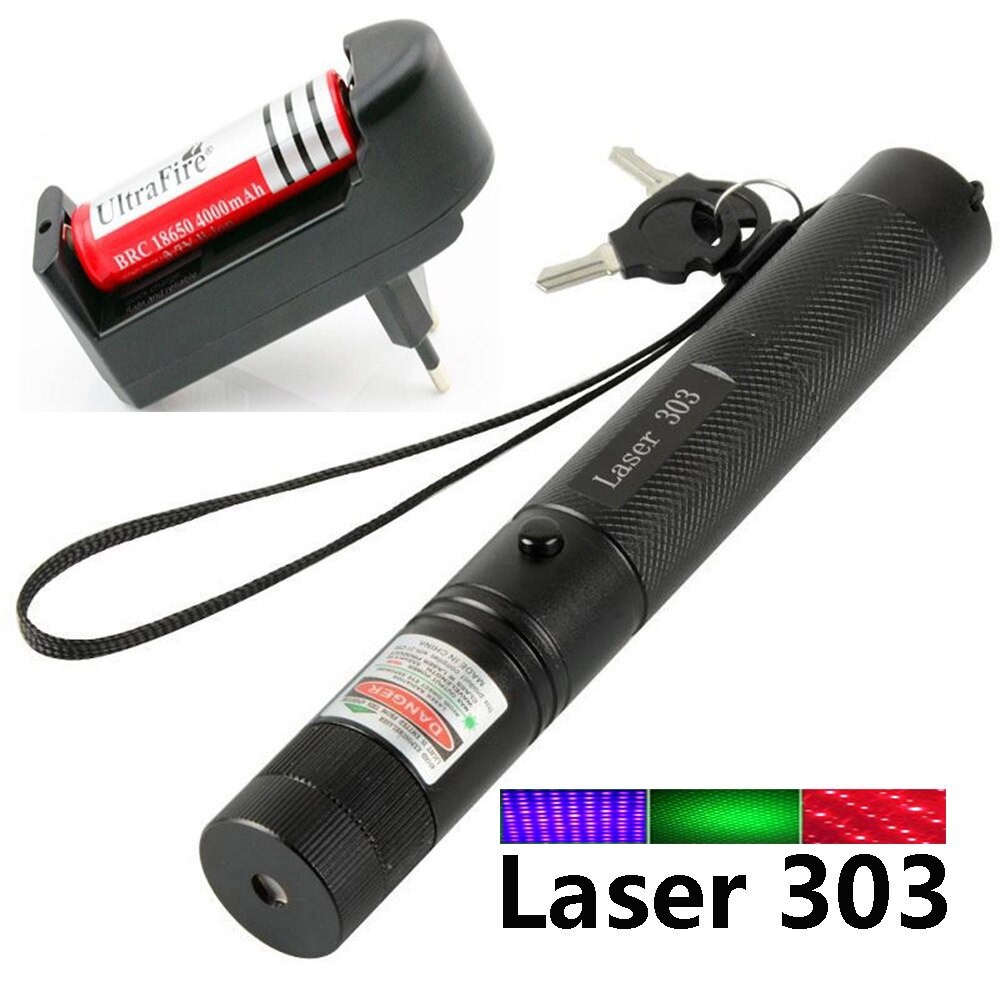 laser pointer ตัวชี้เลเซอร์ ปรับโฟกัสได้ เลเซอร์แรงสูงแสง เขียว/แดง/ม่วง  532 นาโนเมตร Laser303G+ถ่า