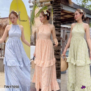 TW17050 สอบถามสต้อกก่อนโอนค่า ชุดเดรสยาว โบว์หลัง สีฟ้า เขียว ส้ม