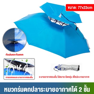 หมวกร่มตกปลา 2 ชั้น ป้องกันฝนและป้องกันแดดรังสี UV หมวกร่มขนาดใหญ่ พับได้ใช้สำหรับกลางแจ้ง**มีสินค้าพร้อมส่ง