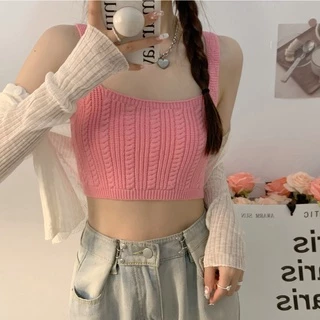 Cicishop(44125) เสื้อครอปTOPไหมพรมสายเดี่ยวทอลาย สีสันสดใสแมทกับกางเกง กระโปรงได้สุด น่ารักเป็นsocuteมากๆ