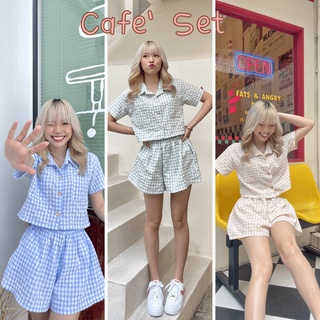 Cafe` Set สีใหม่🎀เซ็ทเสื้อครอป กางเกงขาสั้น  ผ้าคอตตอน