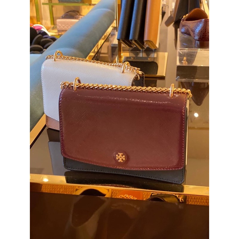 (ผ่อน0%) กระเป๋าสะพายข้าง Tory Burch Emerson Mixed-Materials Mini Shoulder Bag 75383 สายโซ่ หนังแท้ 