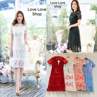 เดรสลูกไม้5สี!!! L-4XL Mini Dress เดรสลูกไม้ขาวแขนสั้นผ้าปักลาย งานป้าย Love love