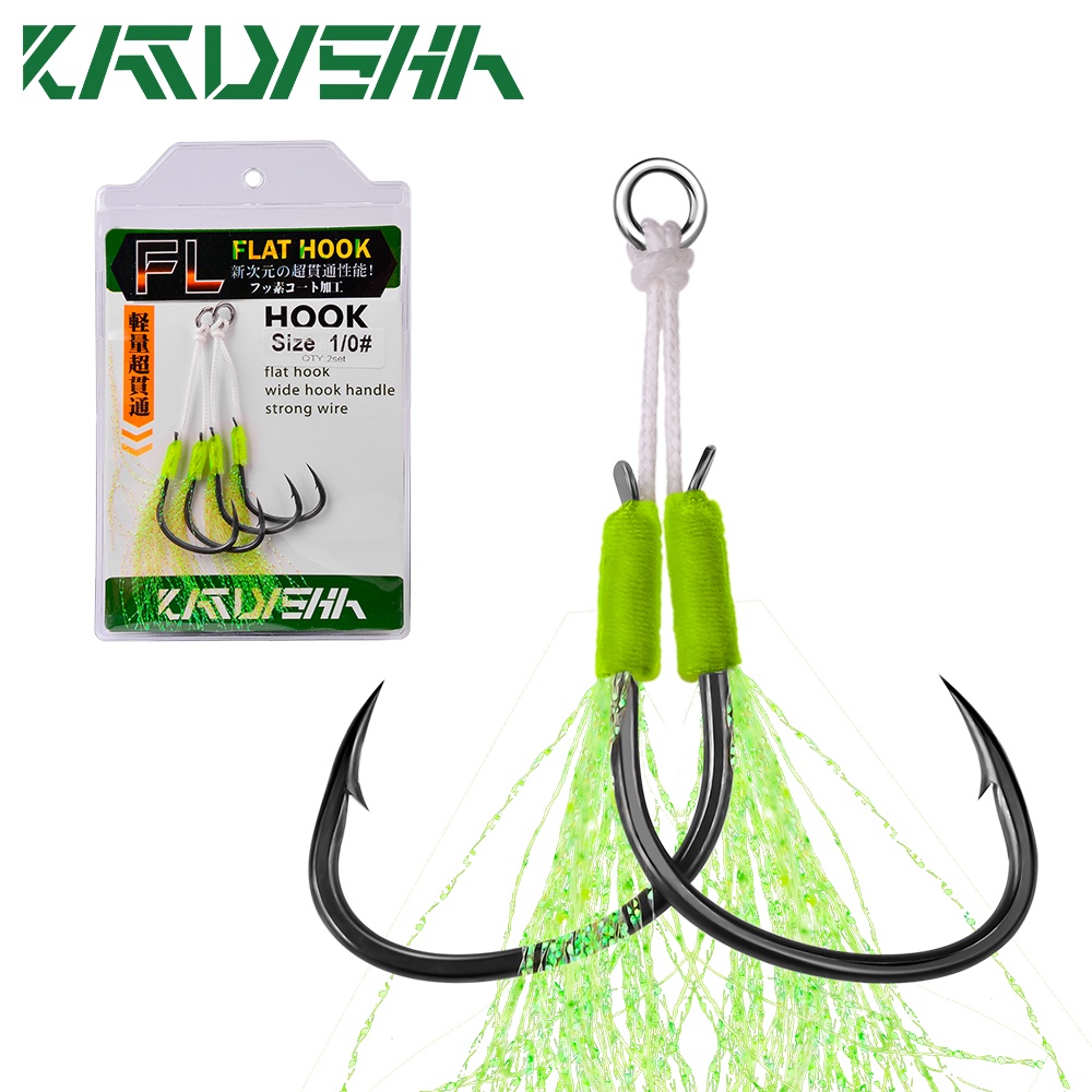 Proberos 2Set Slow Jig Assist Hooks 1/0-4/0 # โลหะ Jigging Double Hook เหล็กคาร์บอน Double Fishhook พร้อมสาย PE Feather