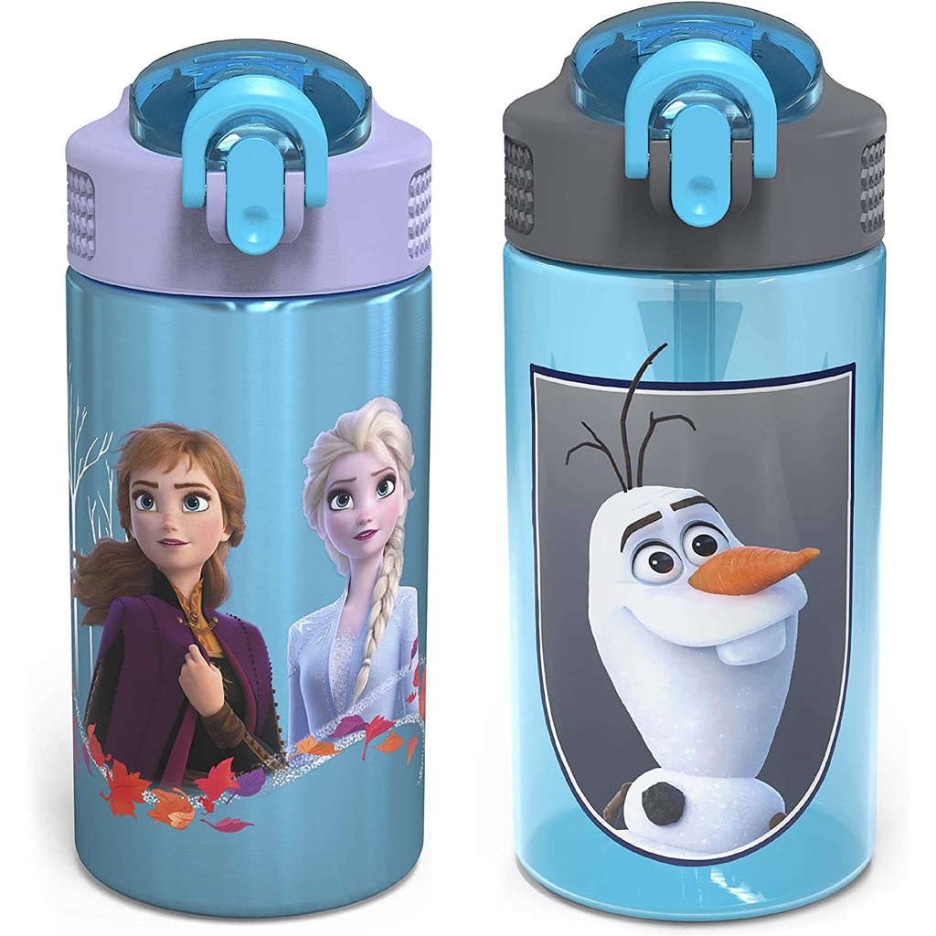 Zak Designs ชุดขวดน้ำเด็ก Disney Frozen 2 พร้อมหลอดดูดและหูหิ้วในตัว (Elsa/Anna, ปลอดสาร BPA, ชุด 2 ชิ้น)