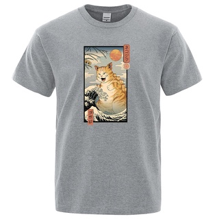 เสื้อยืดลําลอง แบบนิ่ม พิมพ์ลายคลื่น และแมว Ukiyo E Style สําหรับผู้ชาย ไซซ์ S - Xxxl