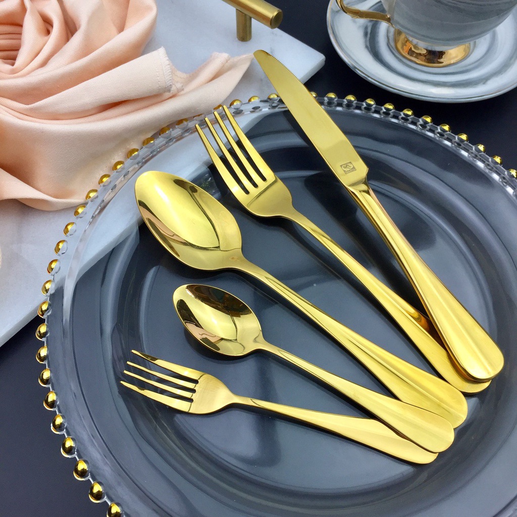 TwinFish 1ชิ้นช้อนส้อมสีทอง อุปกรณ์รับประทานอาหาร คุณภาพดี สวยหรู แข็งแรงปลอดภัยช้อนส้อม  รหัส87 สีทอง
