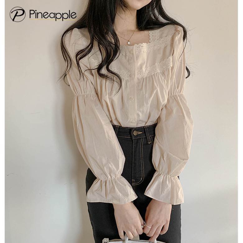 8729 เสื้อเชิ้ตแฟชั่นหญิงเสื้อลำลองสีขาวลูกไม้คอเหลี่ยม Square lace neck shirt