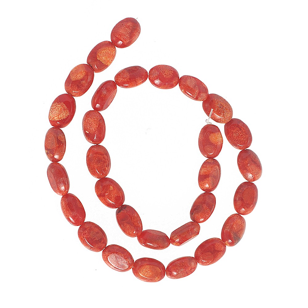 ลูกปัดหินแท้ ลักษณะเม็ดไข่แบน (Flat Oval) ปะการัง (Coral) 10x14 mm - (LZ-0303 สีแดง)