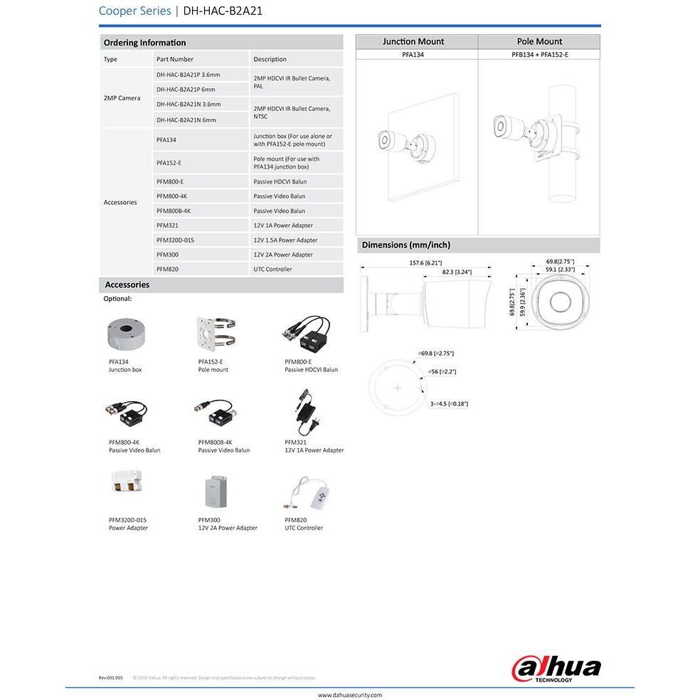 DAHUA กล้องวงจรปิด DH-HAC-B2A21P (2.8mm-3.6mm) 2MP HAC-B2A21 บอดี้โลหะ รับประกัน 3 ปี HAC-B2A21P PACK 4 ตัว