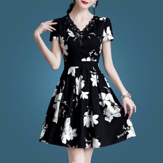 Free shipping Floral Black Dress women's Korean Style V-Neck Midi Skirt Summer Short Sleeves Midi Dress