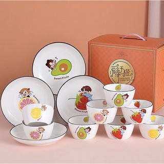 sweet fruits ชุดจานชามเซรามิค สไตล์ยุโรป  จานลายเซรามิคกระเบื้อง ลายผลไม้ 1ชุด/12pcs