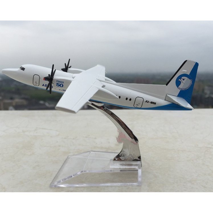 [16cm] โมเดลเครื่องบิน Alloy Metal Air Aero Mongolia Fokker 50 F50 F-50 Airlines Airways ทำด้วยเหล็ก มีฐานตั้งโชว์ สวย