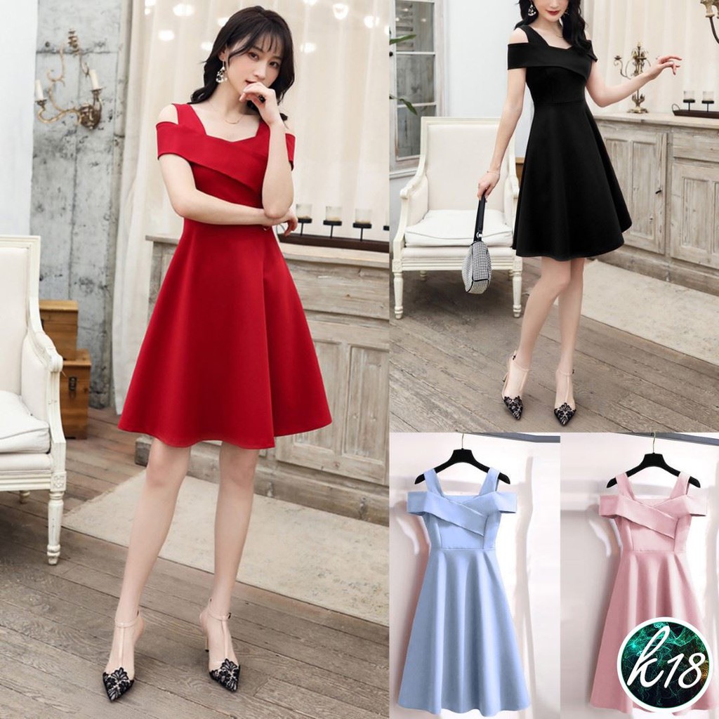 K18 Korean เดรสสายเดี่ยวปาดไหล่สีพื้น