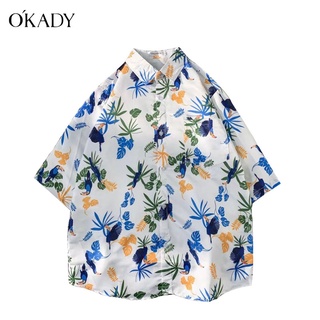 OKADY ชายเสื้อแขนสั้นผู้ชายลายดอกไม้หลวมเสื้อฮาวายชายหาดกีฬากลางแจ้งแนวโน้มแขนสั้นนักเรียนแฟชั่นเสื้อฮาวาย