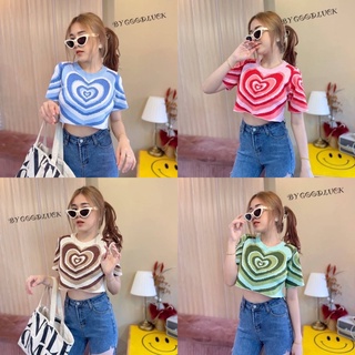 🌈 SpinnyHouse 🌈 เสื้อครอป ครอปท็อป ทรงคอคลมแขนสั้น ทอลายหัวใจสลับสีพาสเทลหวานๆ เพาร์เวอร์