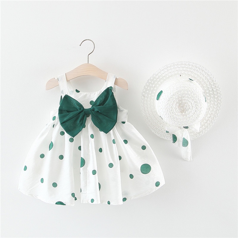 ชุดเดรสแขนกุดลายจุด + หมวก Jumpsuit 2 ชิ้นสําหรับเด็กเล็ก