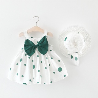 ชุดเดรสแขนกุดลายจุด + หมวก Jumpsuit 2 ชิ้นสําหรับเด็กเล็ก