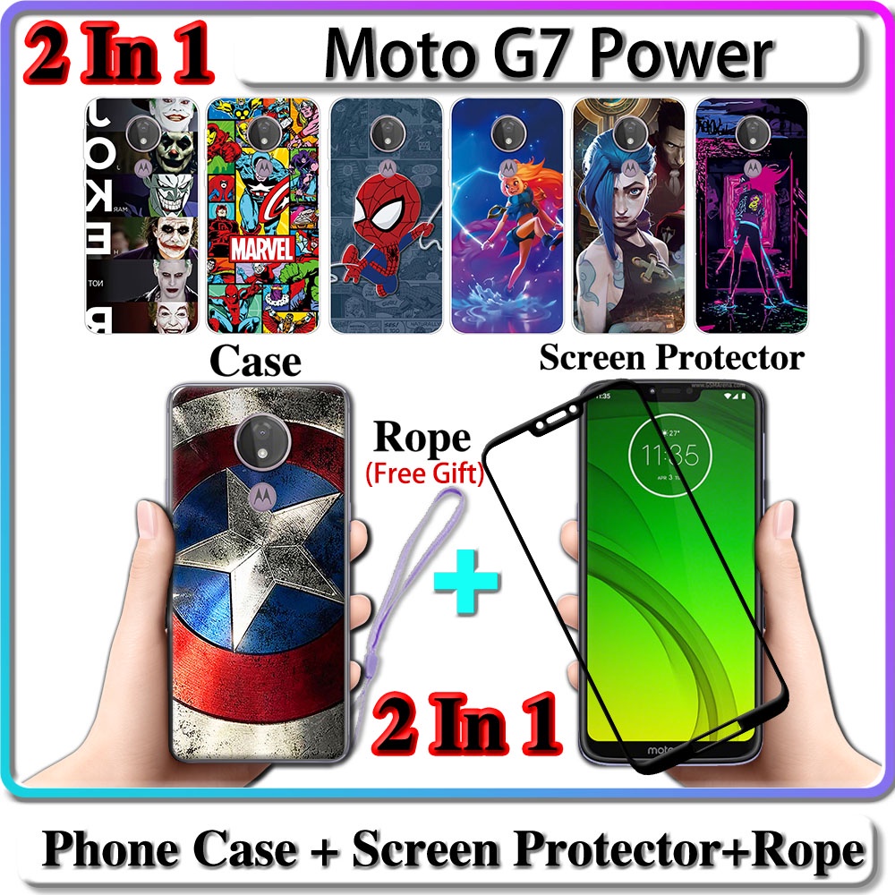 2 IN 1 เคส Moto G7 Power เคสพร้อมกระจกนิรภัยกันรอยหน้าจอโค้งเซรามิค LOL และฮีโร่