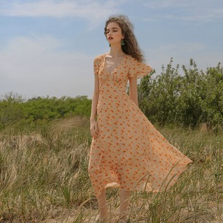 052 Sweet Peach : Tropical Floral Dress เดรสยาวสีส้มลายดอก