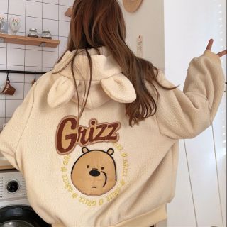 🍓พร้อมส่ง🍓เสื้อฮู้ดแขนยาวซิปหน้าปักลายหมี Grizz สไตล์เกาหลี *สีครีม*