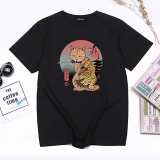 De32wew632 เสื้อยืดลําลอง ผ้าฝ้าย แขนสั้น พิมพ์ลายกราฟฟิคการ์ตูนแมว Ninja Cat Samurai POI32SDF34750