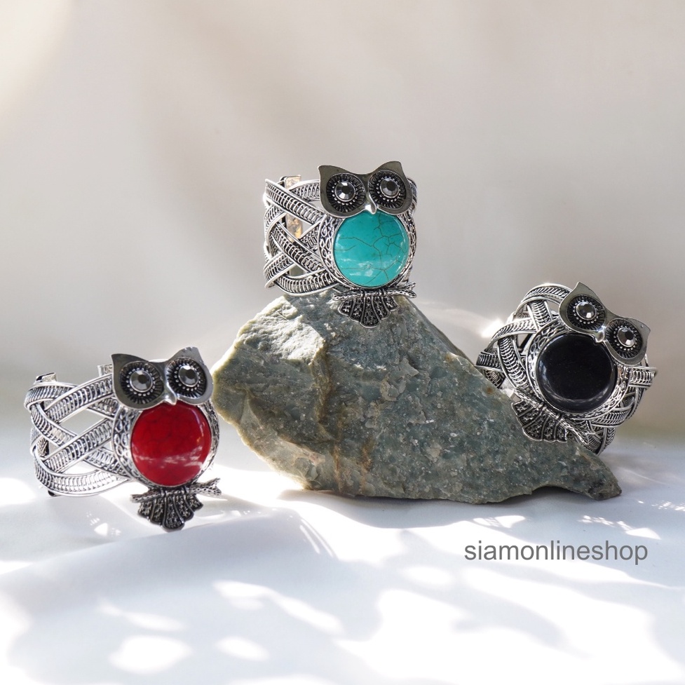 กำไลข้อมือเงิน แกะสลักรูปนกฮูก (เลือกสีได้ ฟ้า แดง ดำ ) รุ่น siam-vinbra1001 by siamonlineshop