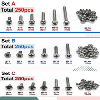 250 ชิ้น M3 304 สกรูสแตนเลส, ติดตั้งอย่างแน่นหนา, พร้อม Hex Nuts