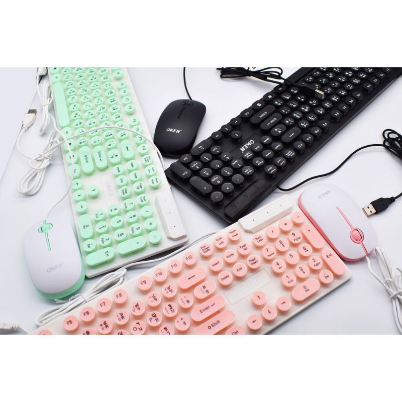 คีบอร์ด์ เมาส์ สีพาสเทล oker KM-4018. KM-378 ชุดคีบอร์ดเมาส์ Keyboard and Mouse