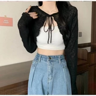 Cicishop(Q605) เสื้อคลุมแขนยาว ดีเทลเชือกผูกโบว์ แต่งชายระบาย จับแมทซ์ได้ทุกลุค สไตล์โคเรียสุด