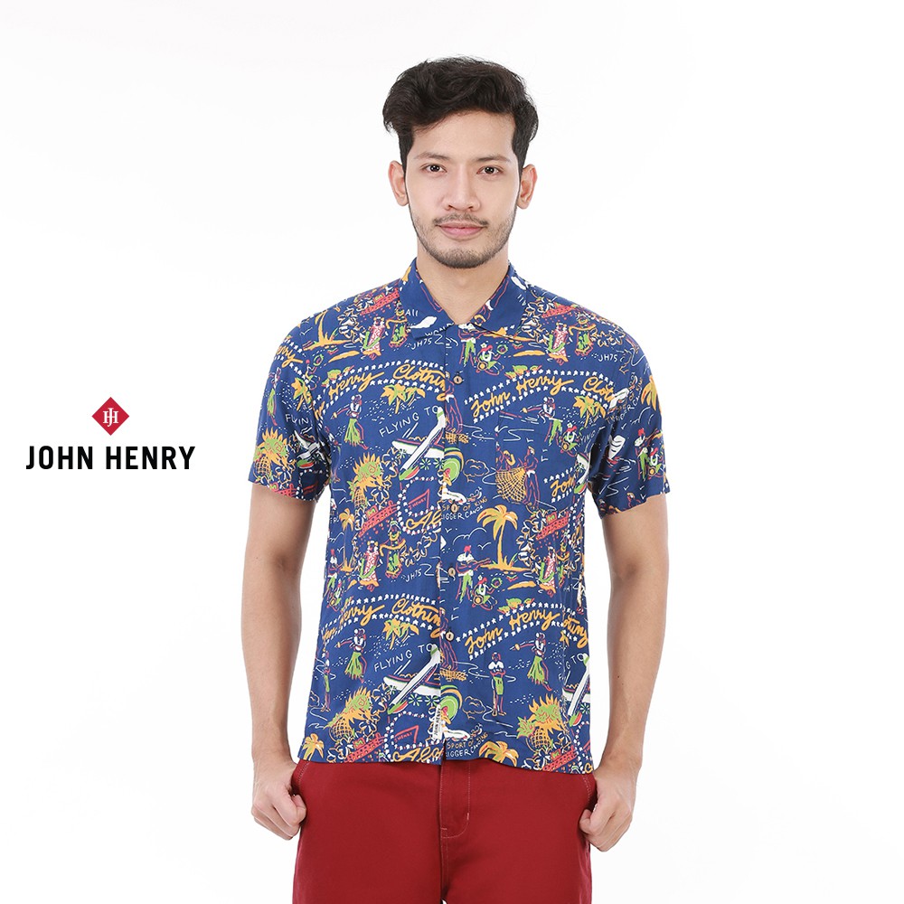 John Henry   เสื้อเชิ้ตฮาวายผ้าเรยอน รุ่น JH S9SS0002-RG  - สีกรมท่า