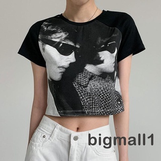 Bigmall- เสื้อครอปท็อปลําลอง คอกลม แขนสั้น พิมพ์ลายภาพบุคคล สไตล์วินเทจ สีดํา สําหรับผู้หญิง