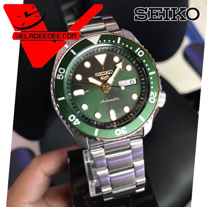 NEW SEIKO 5 SPORTS AUTOMATIC SRPD63K1 นาฬิกาข้อมือผู้ชายสีเงิน หน้าปัดเขียว สายสแตนเลส Veladeedee รุ่น SRPD63K