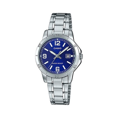Casio นาฬิกาข้อมือผู้หญิง สีเงิน/หน้าปัดน้ำเงิน สายสแตนเลส รุ่น LTP-V004D,LTP-V004D-2B,LTP-V004D-2BUDF