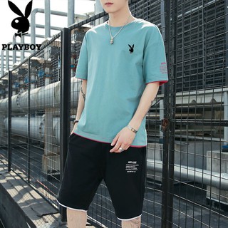 👕สินค้าพร้อมส่ง👕 เสื้อ+กางเกงขาสั้น ผ้าเบา ไม่หด ไม่ย้วย เสื้อยืดคอกลมสีพื้น ชุดกีฬาลำลองผู้ชาย@1
