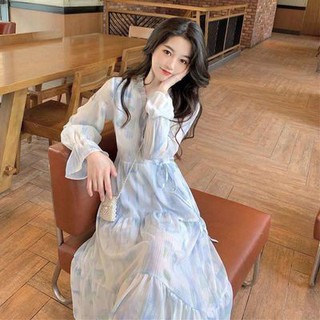 ฝรั่งเศส, นางฟ้า, ชุดเดรสกระโปรงยาวสไตล์เกาหลีสีน้ำเงิน