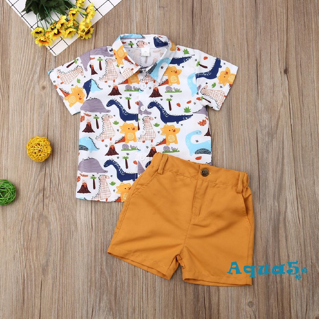 เสื้อเชิ้ตแขนสั้น ลายไดโนเสาร์ พร้อมกางเกงขาสั้น ชุดสำหรับเด็ก 2 ชิ้น
